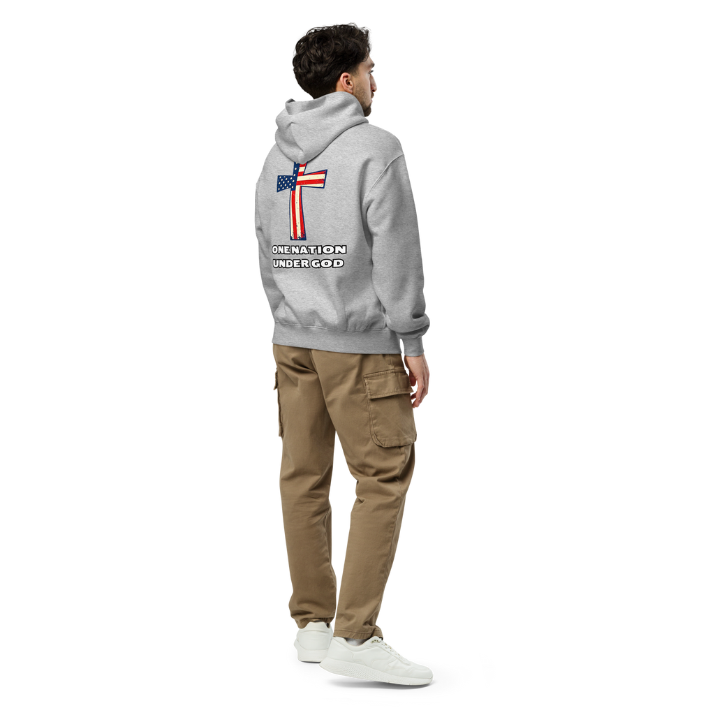 One Nation Under God - Unisex Oversized Hoodie – Cobalt / Athletic Heather | Faith & Freedom American Flag Cross Graphic