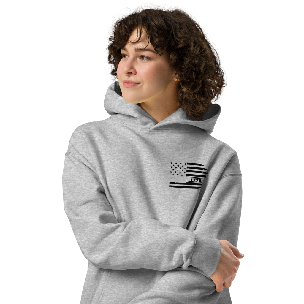 One Nation Under God - Unisex Oversized Hoodie – Cobalt / Athletic Heather | Faith & Freedom American Flag Cross Graphic