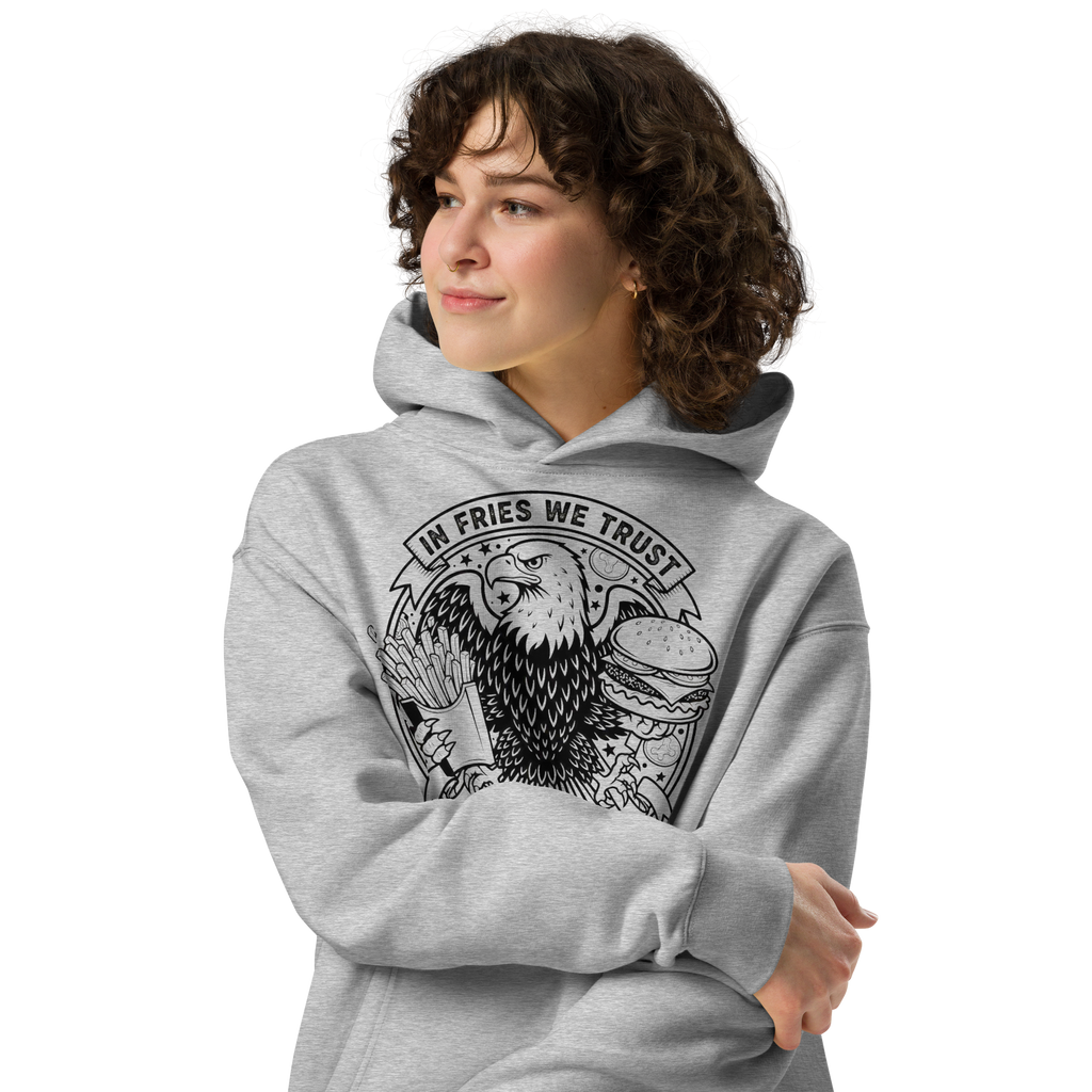 In Fries We Trust - Unisex Oversized Hoodie – Patriotic Eagle with Fries & Burger Graphic