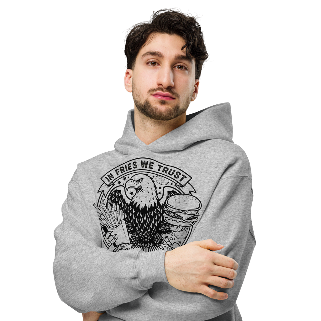 In Fries We Trust - Unisex Oversized Hoodie – Patriotic Eagle with Fries & Burger Graphic