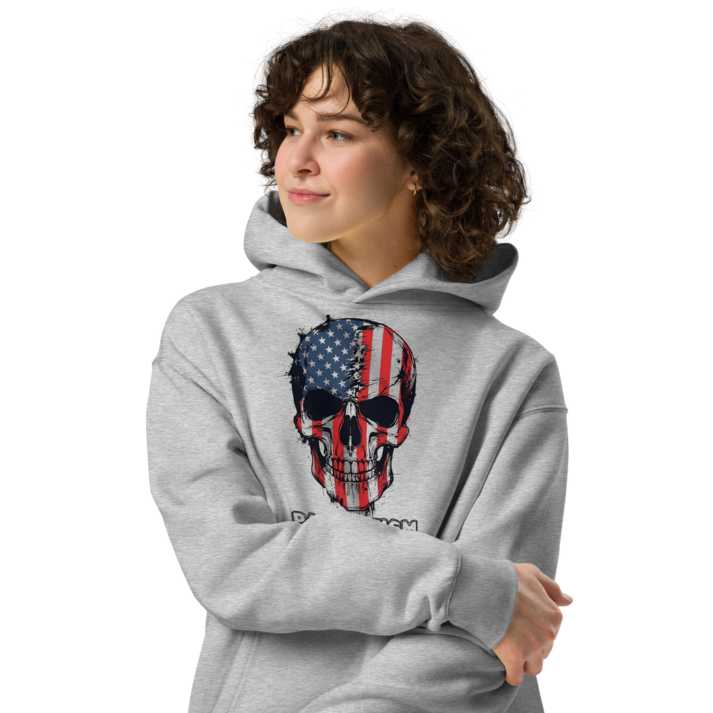 Patriotism Is Stamped on the Soul - Unisex Oversized Hoodie – Grey | American Flag Skull Hoodie