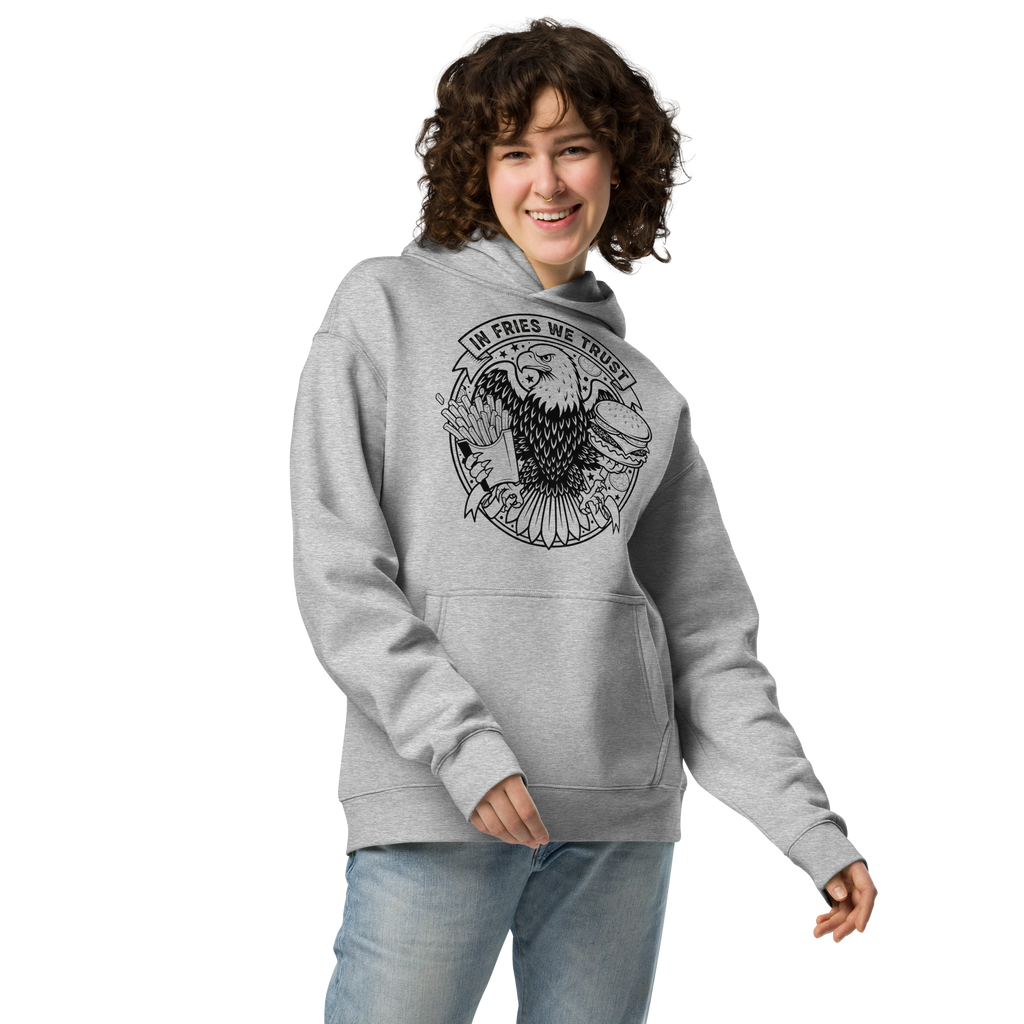 In Fries We Trust - Unisex Oversized Hoodie – Patriotic Eagle with Fries & Burger Graphic