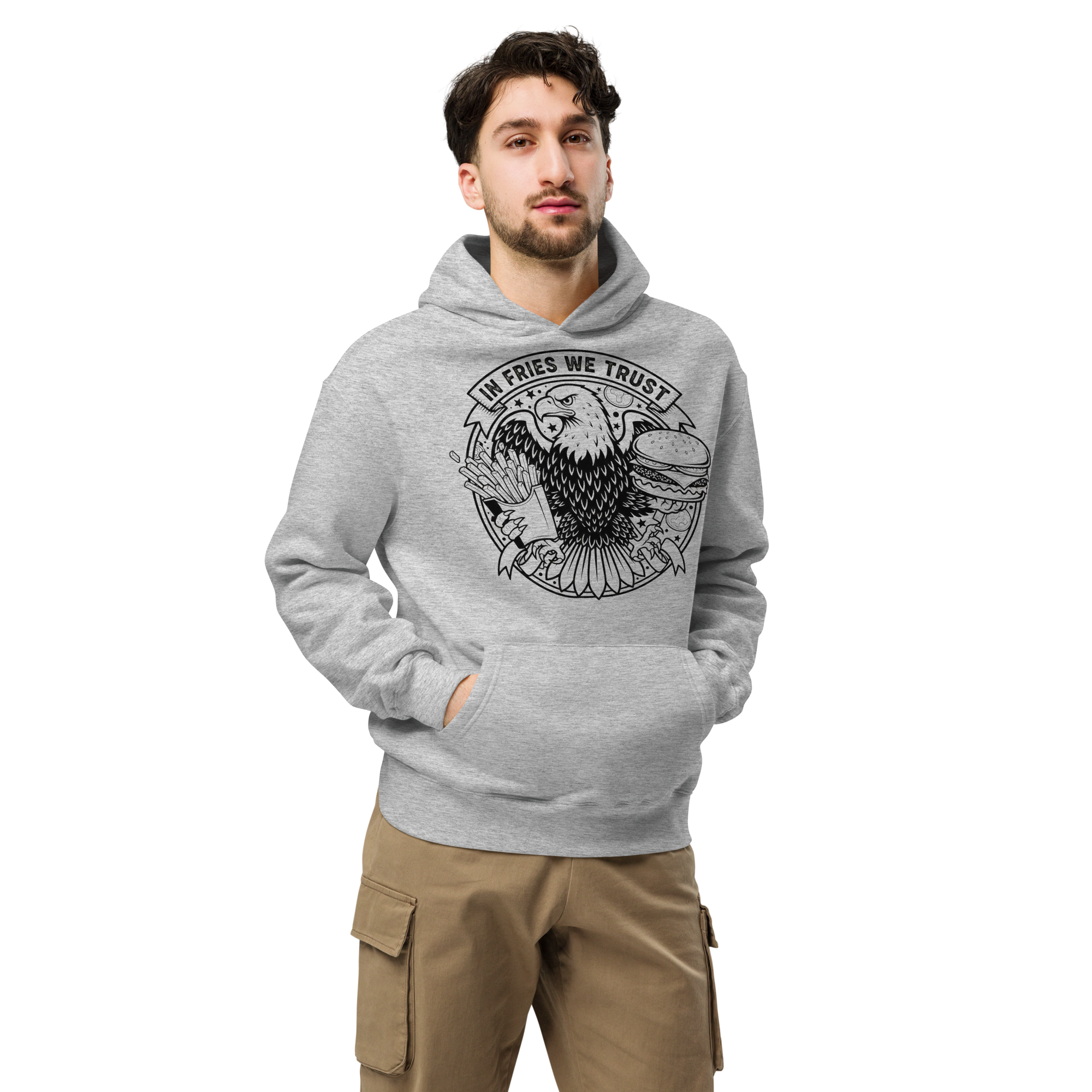 In Fries We Trust - Unisex Oversized Hoodie – Patriotic Eagle with Fries & Burger Graphic