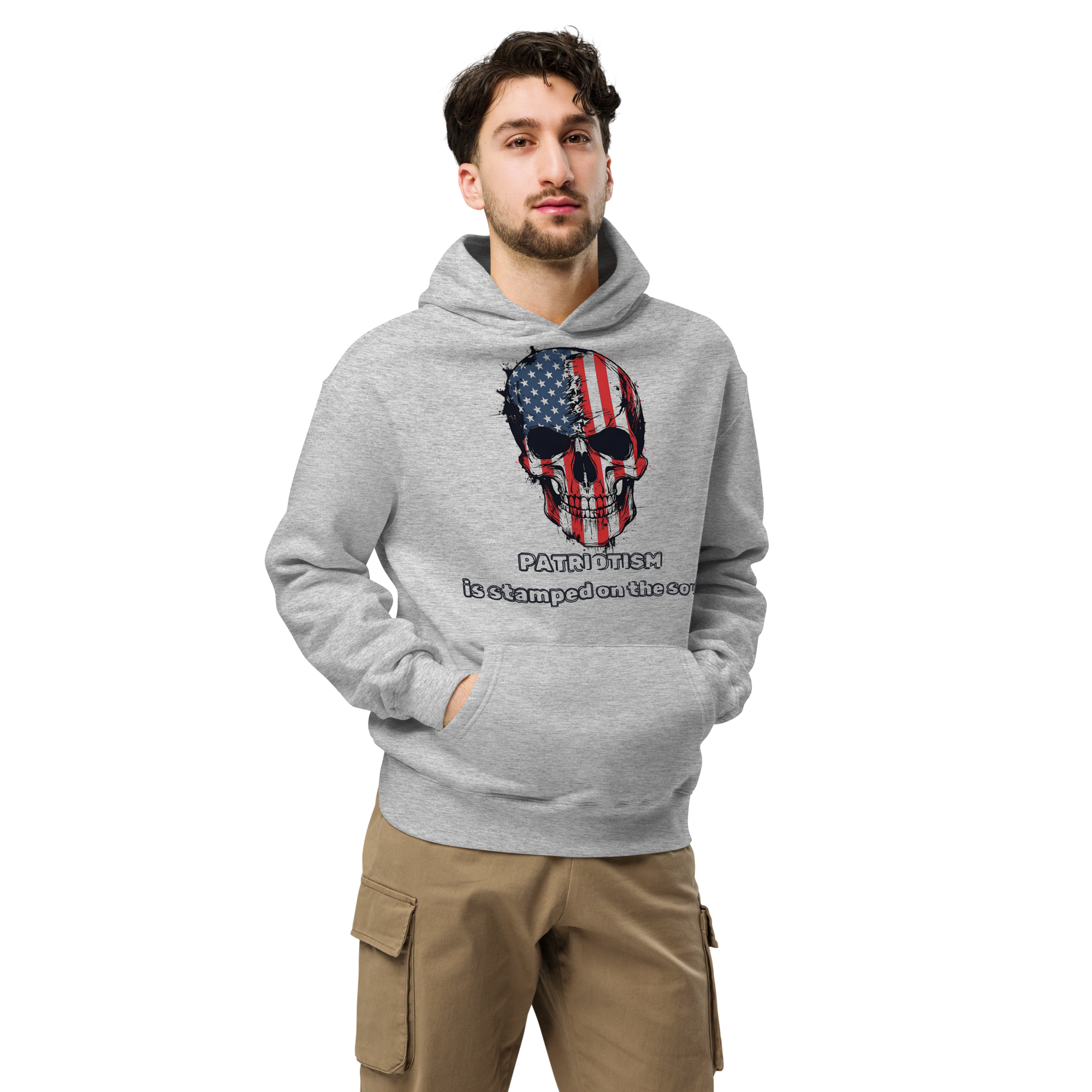Patriotism Is Stamped on the Soul - Unisex Oversized Hoodie – Grey | American Flag Skull Hoodie