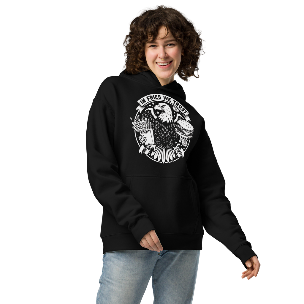 In Fries We Trust - Unisex Oversized Hoodie – Patriotic Eagle & Fries Graphic (Black)