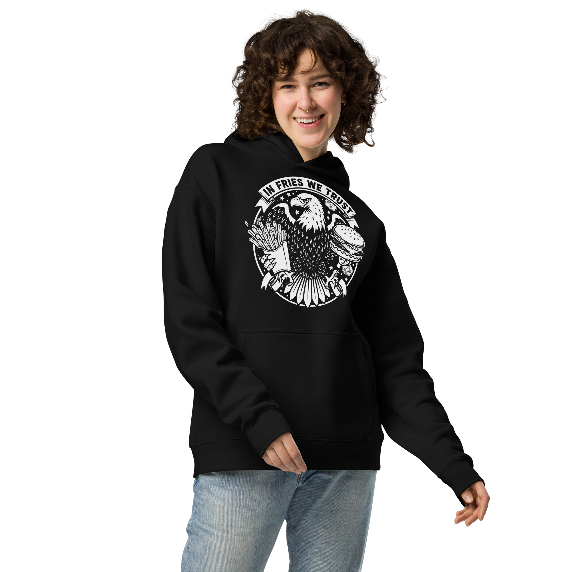 In Fries We Trust - Unisex Oversized Hoodie – Patriotic Eagle & Fries Graphic (Black)