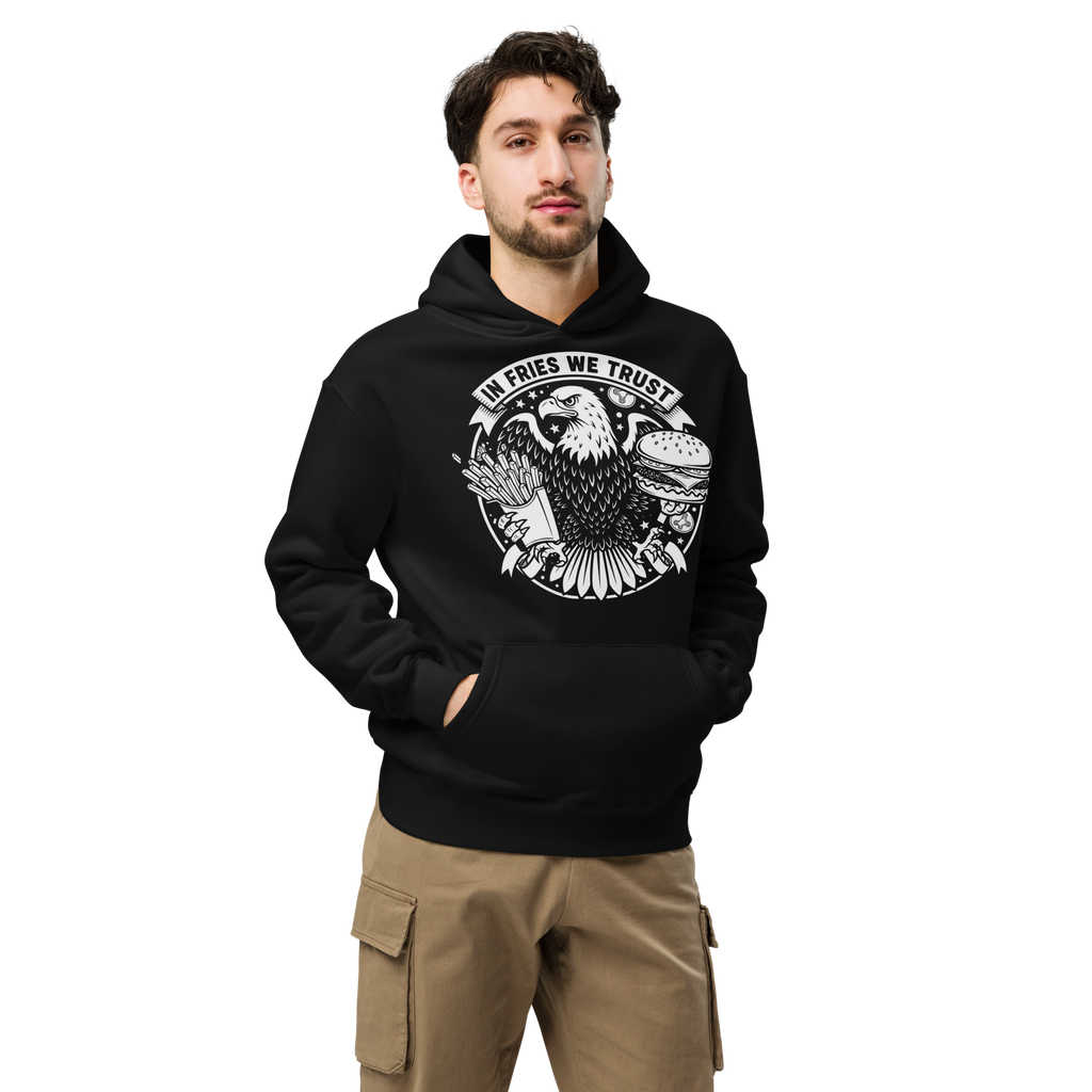 In Fries We Trust - Unisex Oversized Hoodie – Patriotic Eagle & Fries Graphic (Black)