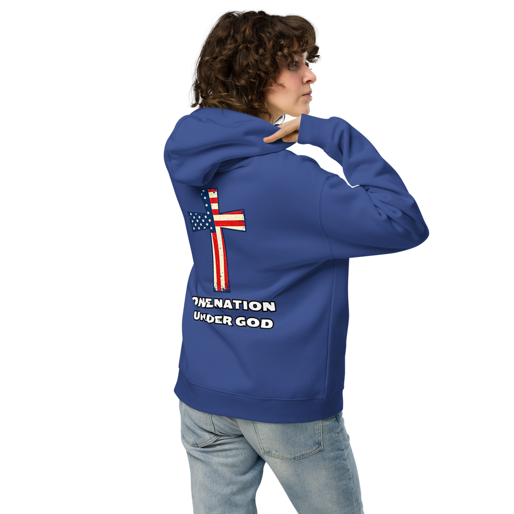 One Nation Under God - Unisex Oversized Hoodie – Cobalt / Athletic Heather | Faith & Freedom American Flag Cross Graphic