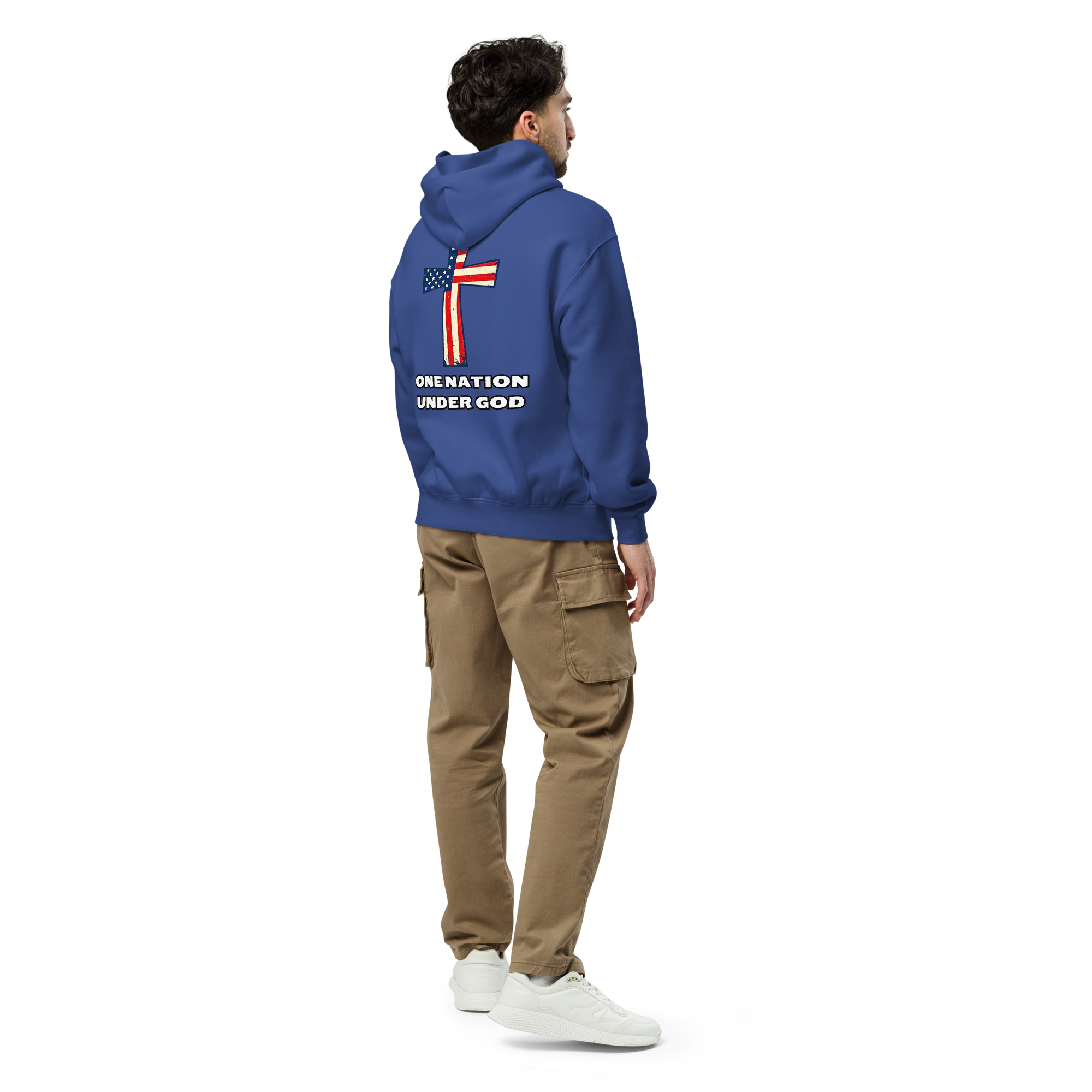 One Nation Under God - Unisex Oversized Hoodie – Cobalt / Athletic Heather | Faith & Freedom American Flag Cross Graphic