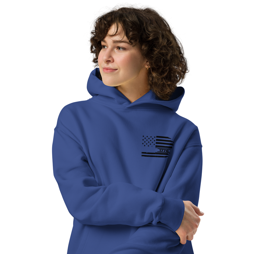 One Nation Under God - Unisex Oversized Hoodie – Cobalt / Athletic Heather | Faith & Freedom American Flag Cross Graphic